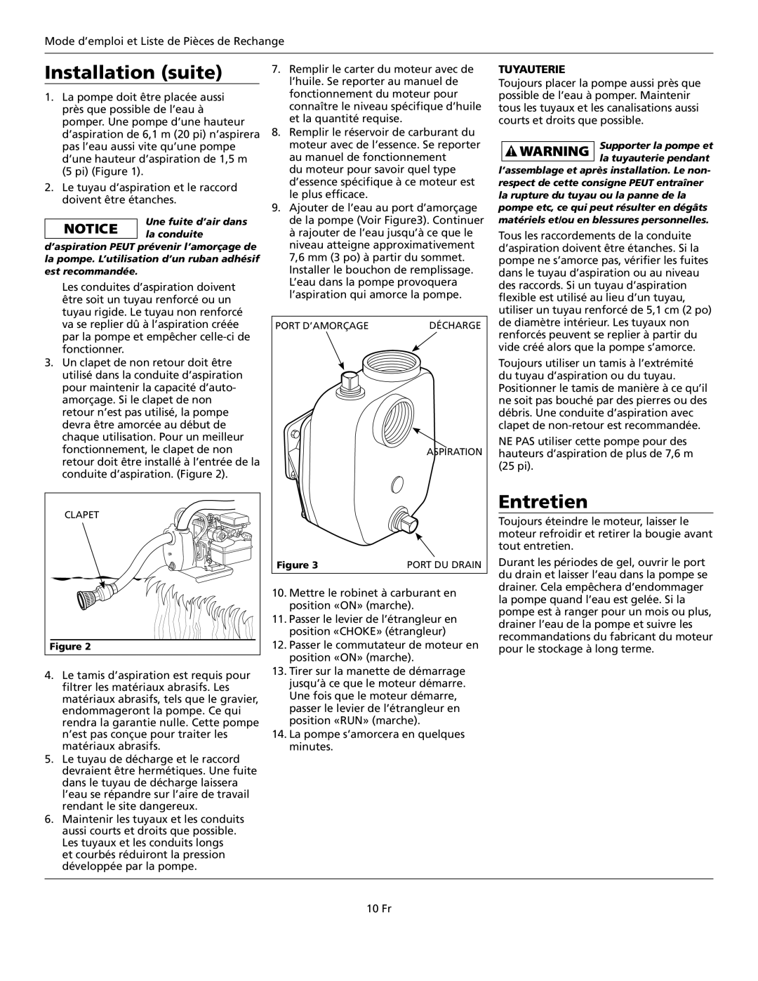 Wayne GPB400 warranty Installation suite, Entretien, Tuyauterie 