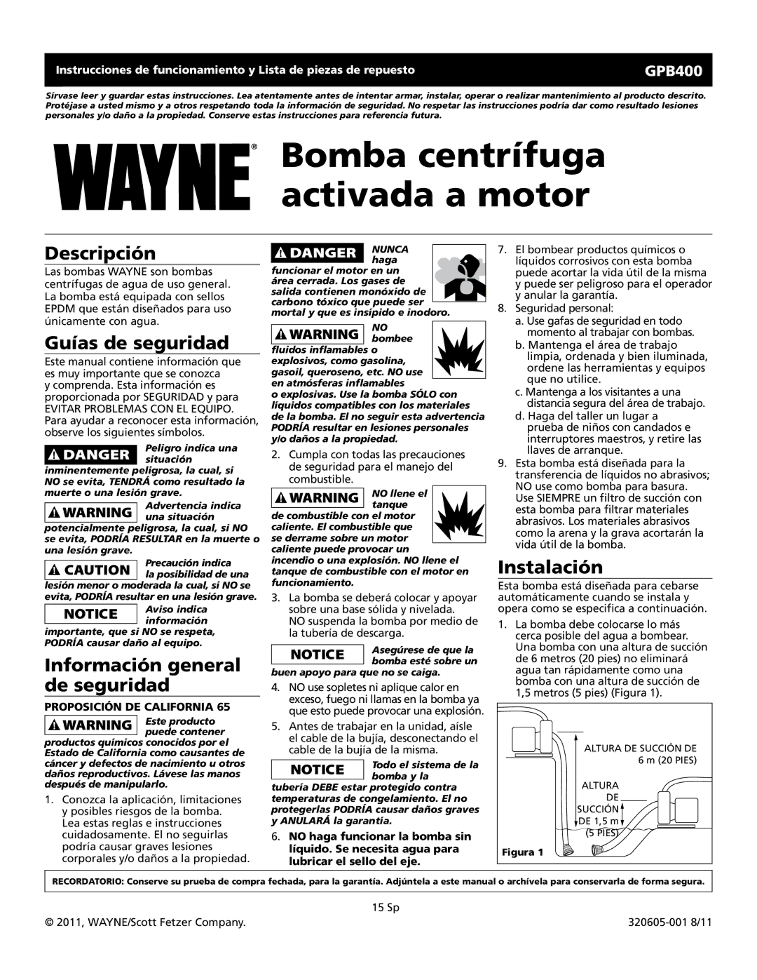 Wayne GPB400 Descripción, Guías de seguridad, Información general de seguridad, Instalación, Proposición DE California 