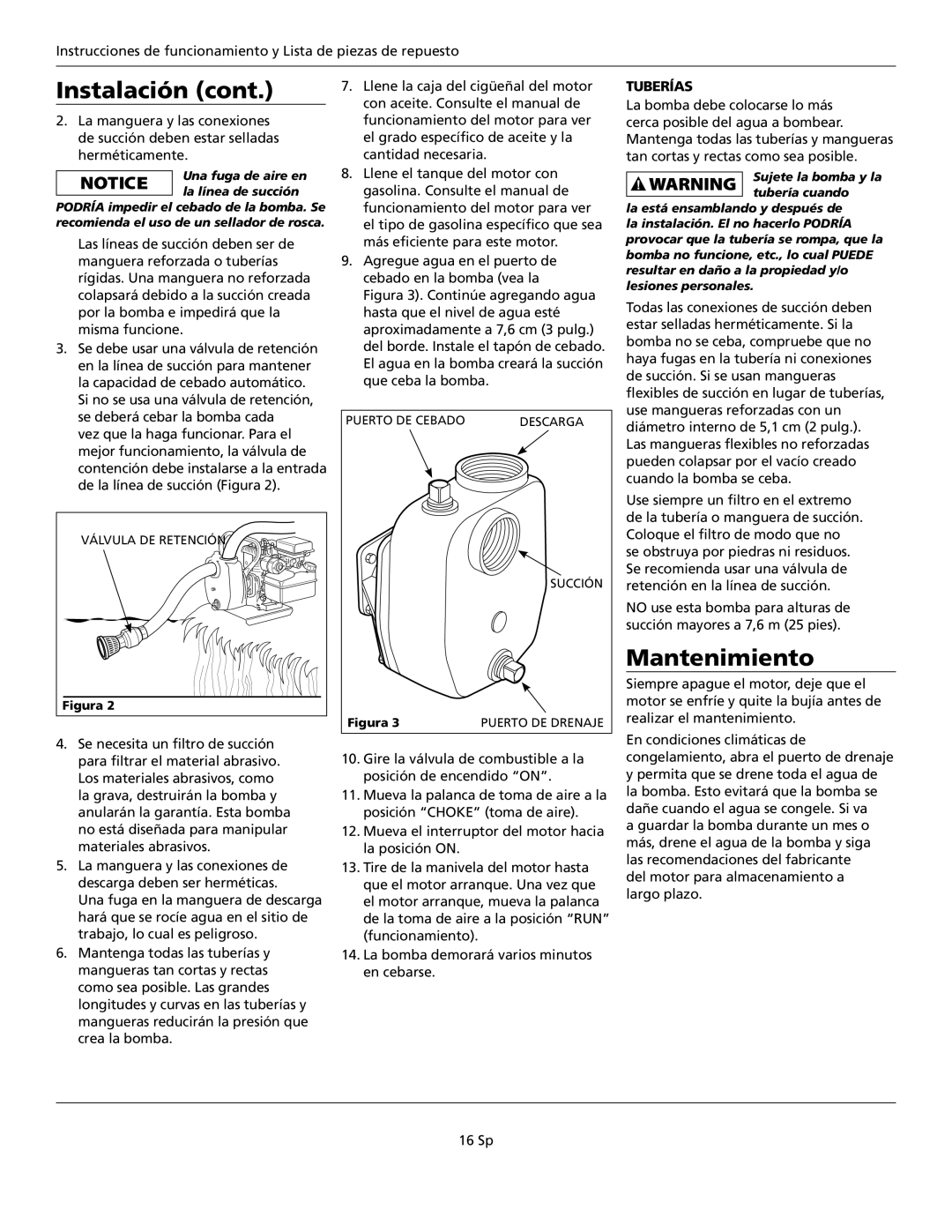 Wayne GPB400 warranty Mantenimiento, Tuberías 