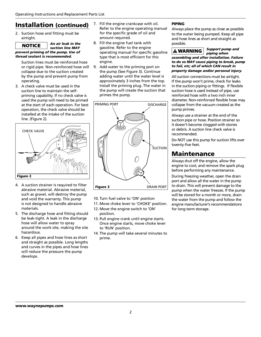 Wayne GPB400 warranty Maintenance, Piping 