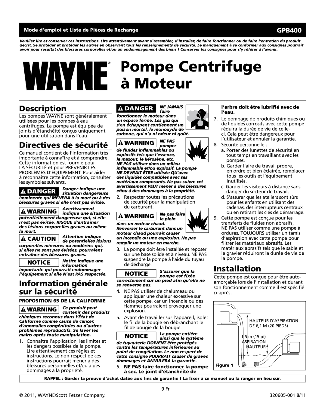 Wayne GPB400 warranty Directives de sécurité, Information générale sur la sécurité, Proposition 65 DE LA Californie 