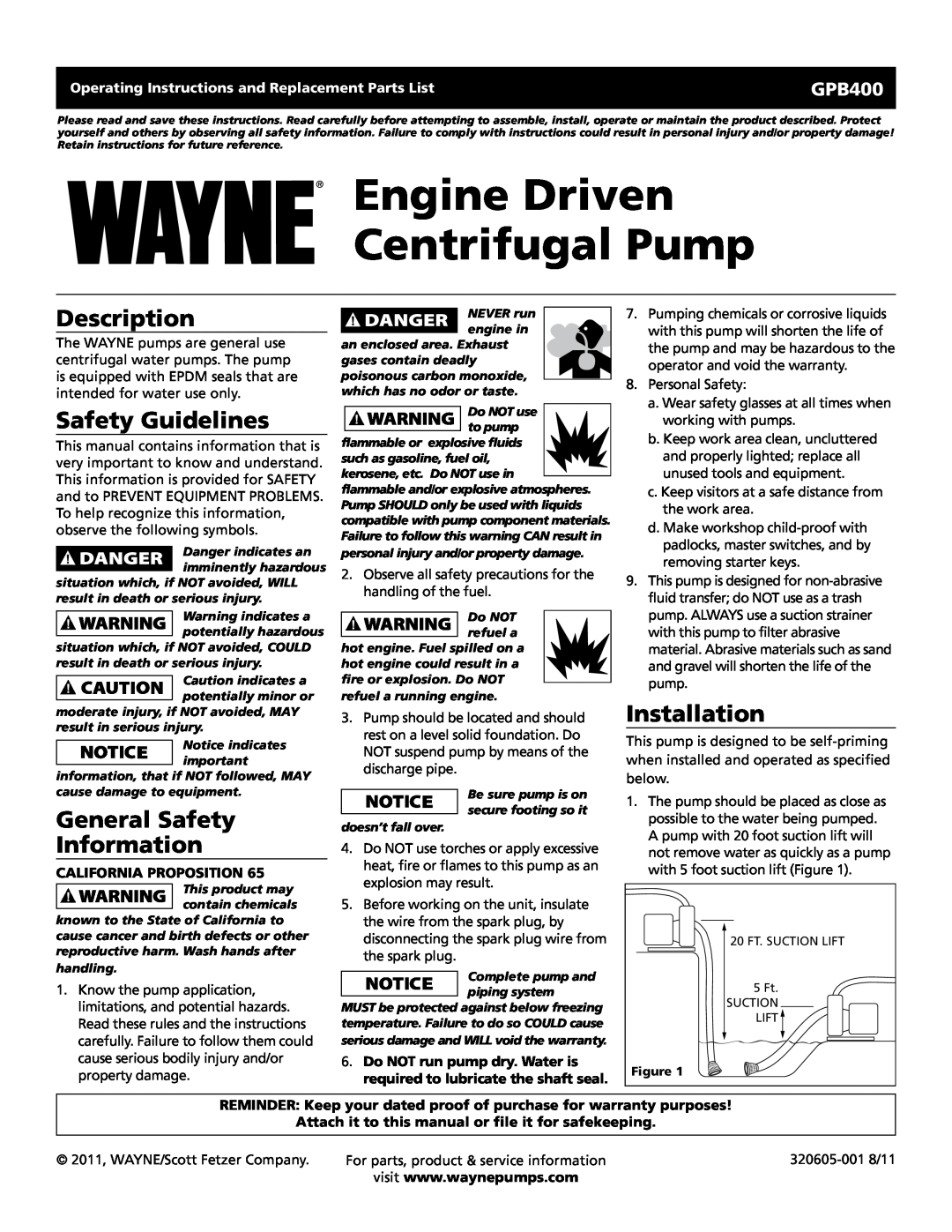 Wayne GPB400 warranty Engine Driven Centrifugal Pump, Description, Safety Guidelines, General Safety Information 
