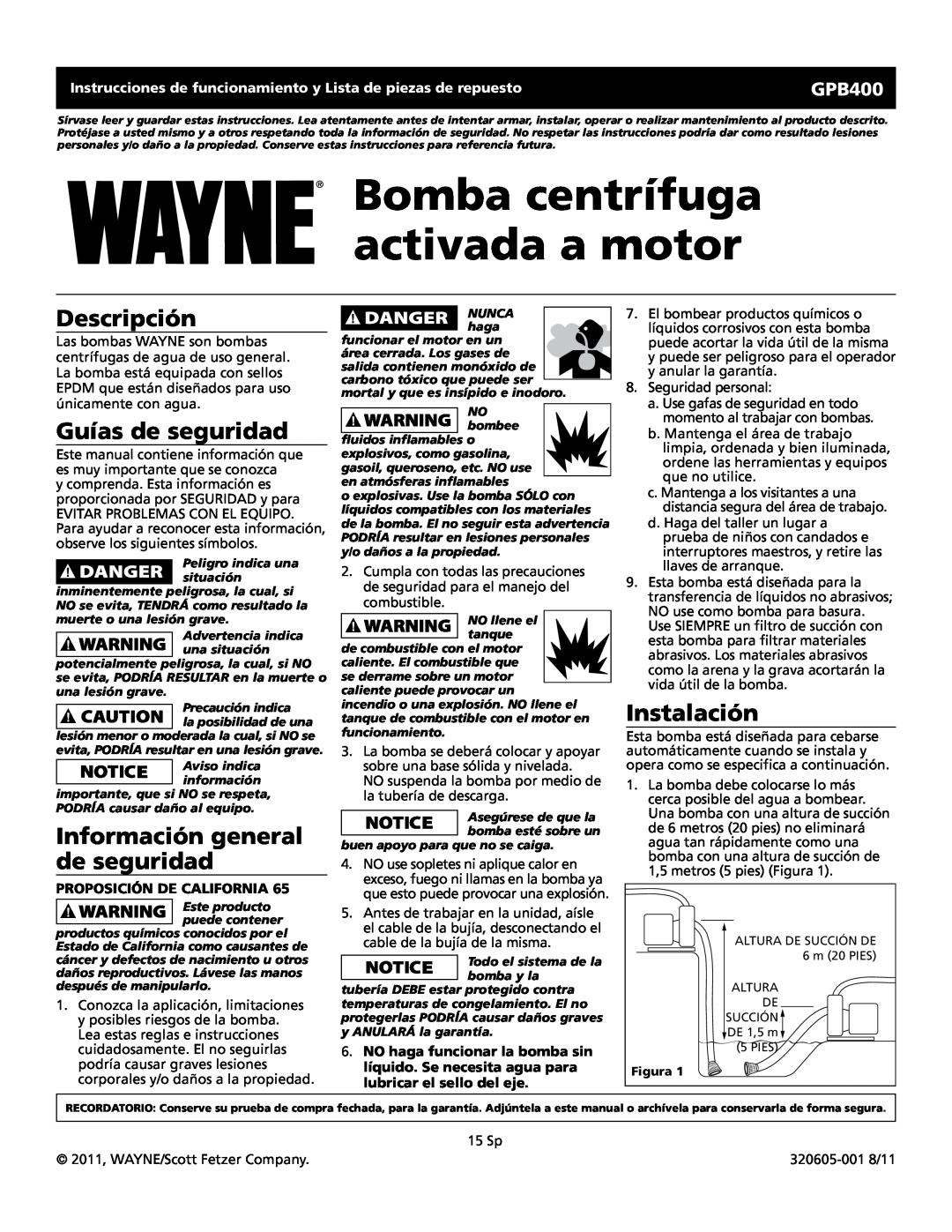 Wayne GPB400 warranty Bomba centrífuga activada a motor, Descripción, Guías de seguridad, Información general de seguridad 