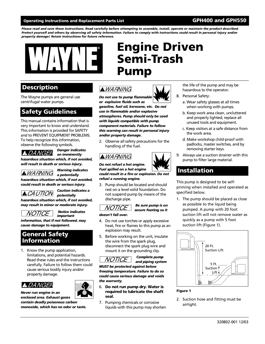 Wayne GPH550, GPH400, 320802-001 warranty Description, Safety Guidelines, General Safety Information, Installation 