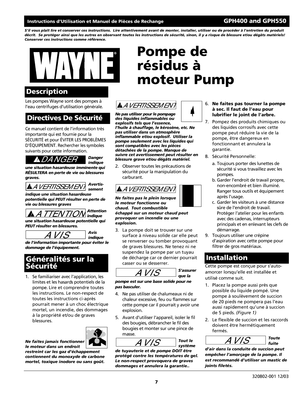 Wayne GPH550, GPH400, 320802-001 warranty Pompe de résidus à moteur Pump, Directives De Sécurité 