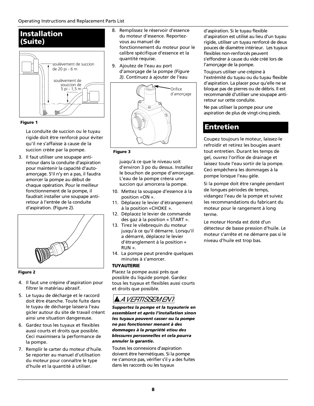 Wayne 320802-001, GPH400, GPH550 warranty Installation Suite, Entretien, Tuyauterie 