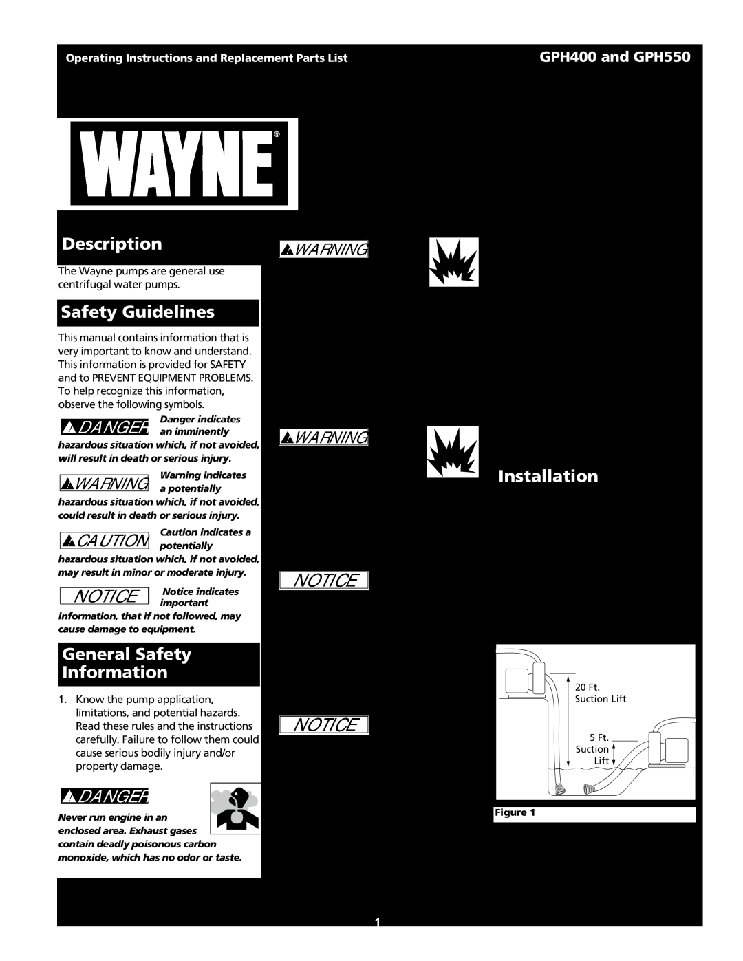 Wayne GPH550, GPH400 warranty Engine Driven Semi-Trash Pump, Description, Safety Guidelines, General Safety Information 
