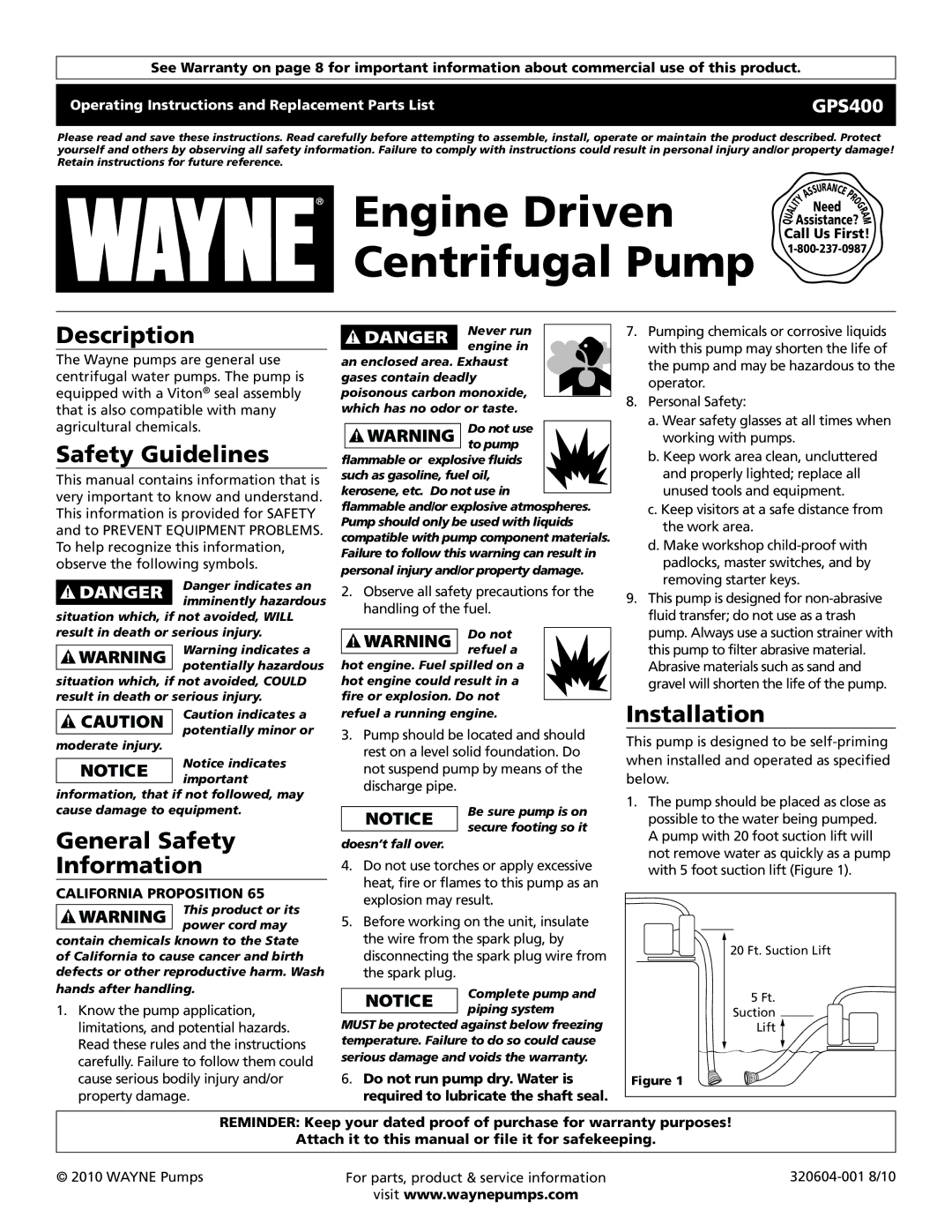 Wayne 320604-001 warranty Description, Safety Guidelines, General Safety Information, Installation, California Proposition 