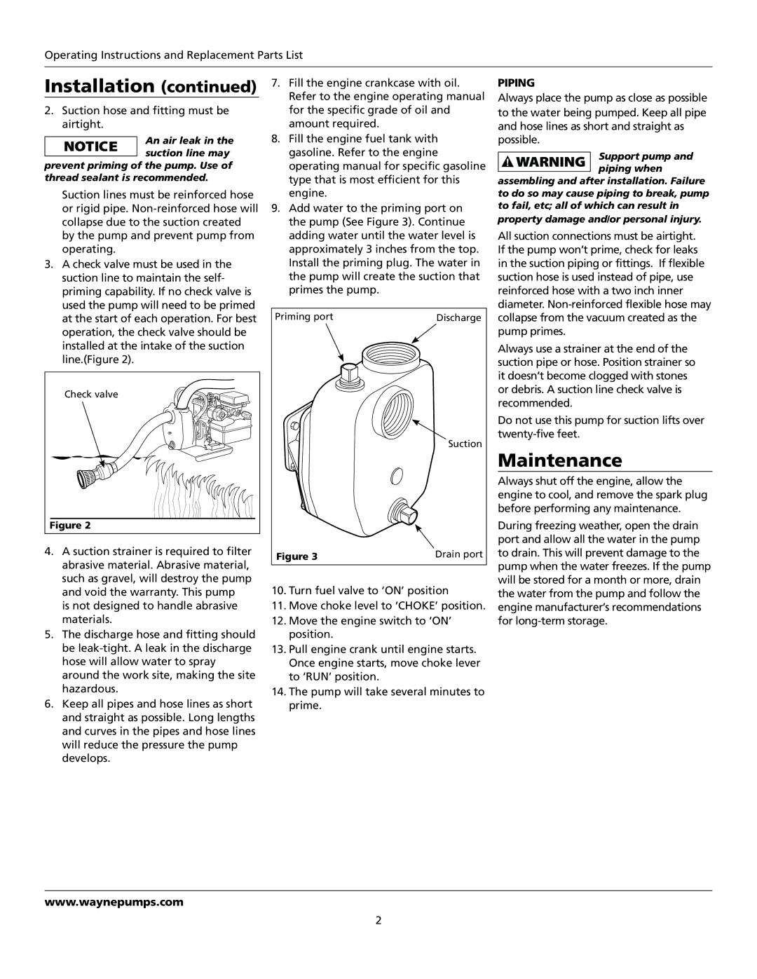 Wayne GPS400 Maintenance, Operating Instructions and Replacement Parts List, Suction hose and fitting must be airtight 