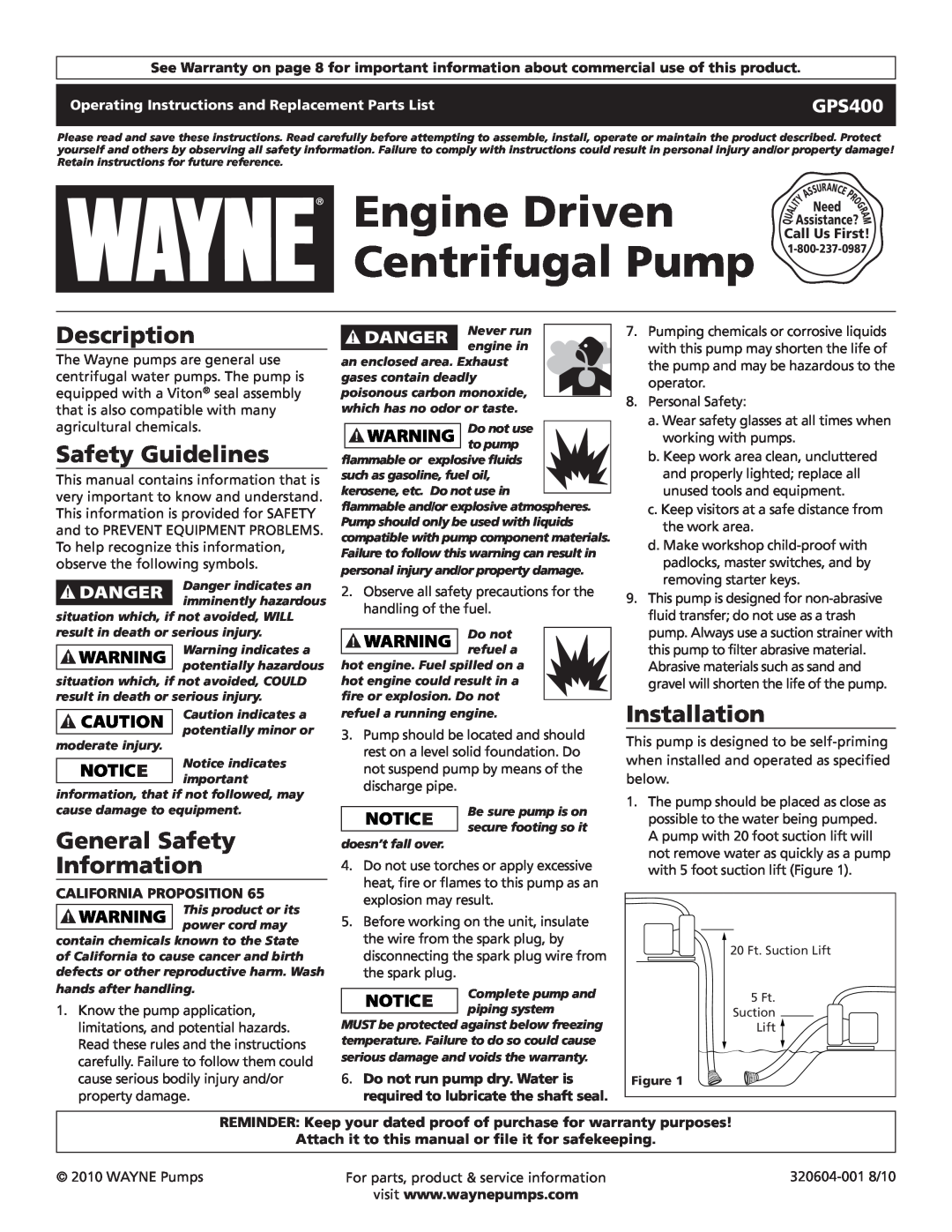 Wayne 320604-001 warranty Description, Safety Guidelines, General Safety Information, Installation, GPS400, Call Us First 