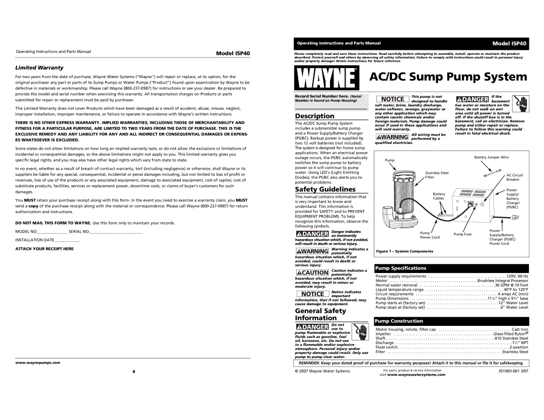 Wayne ISP40 specifications Description, Safety Guidelines, General Safety Information, Attach Your Receipt Here 