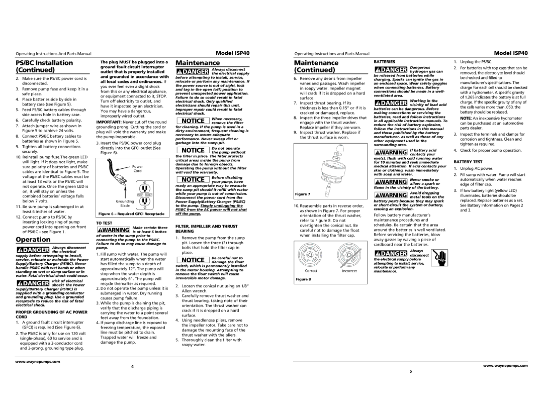 Wayne ISP40 specifications Maintenance, Operation 