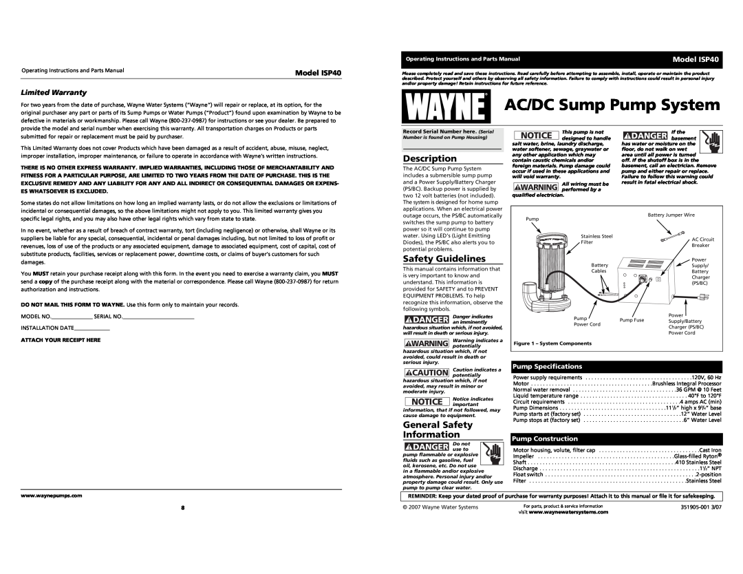 Wayne specifications Description, General Safety Information, Safety Guidelines, DANGER use to, Model ISP40 