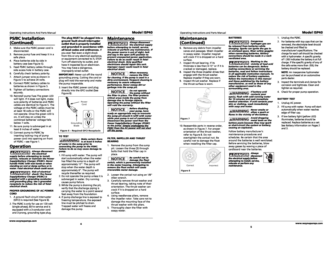 Wayne specifications Maintenance, Operation, Danger, PS/BC Installation, Continued, Model ISP40 