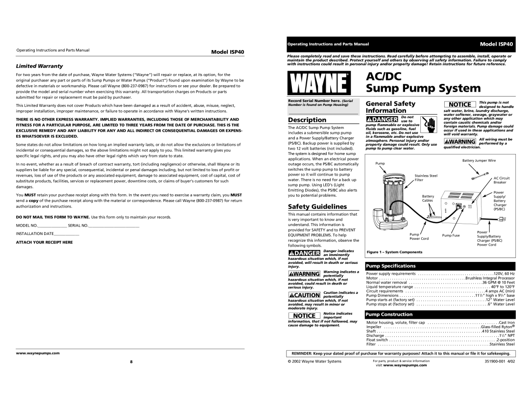 Wayne specifications Description, General Safety Information, Safety Guidelines, DANGER use to, Model ISP40 