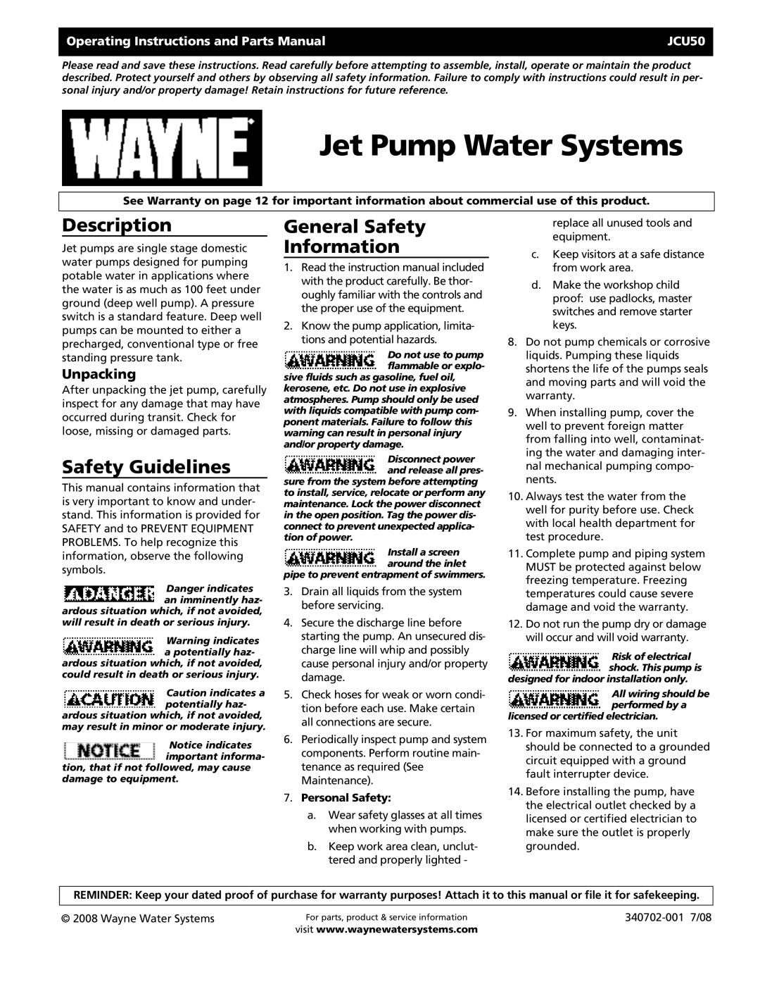 Wayne JCU50 instruction manual Description, Safety Guidelines, General Safety Information, Unpacking 