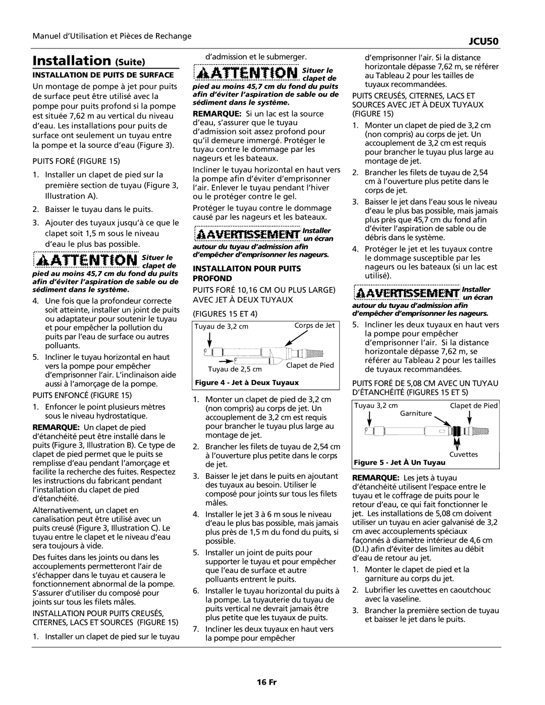 Wayne JCU50 instruction manual Installation Suite, Installaiton Pour Puits, Profond 