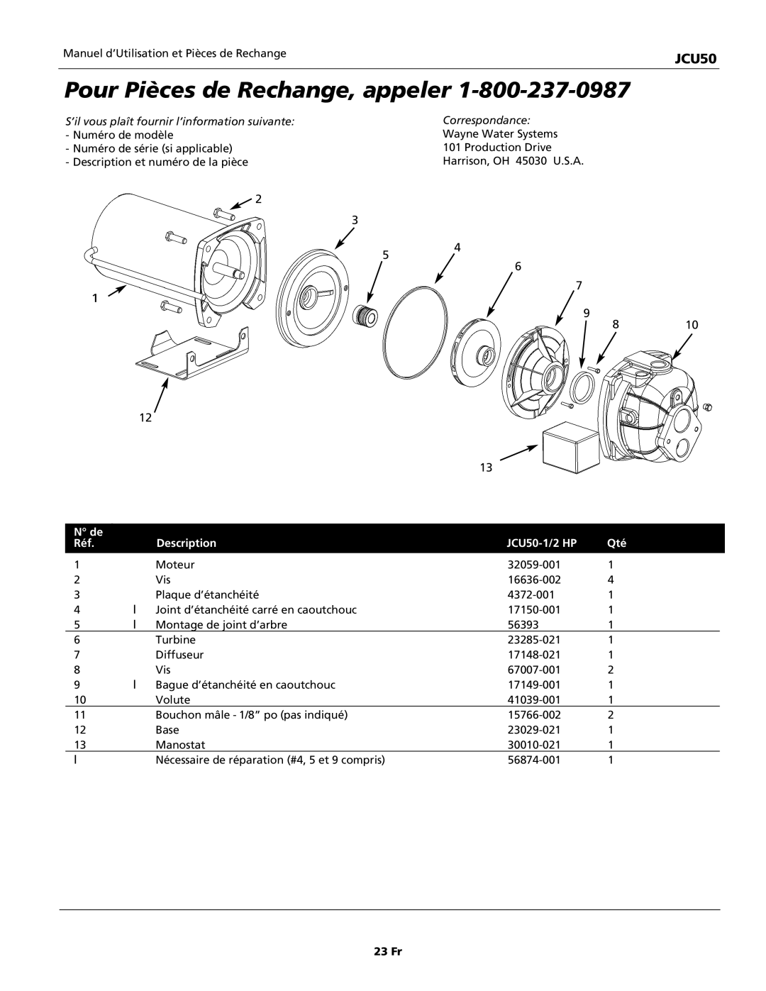 Wayne instruction manual Pour Pièces de Rechange, appeler, Réf Description JCU50-1/2 HP Qté 