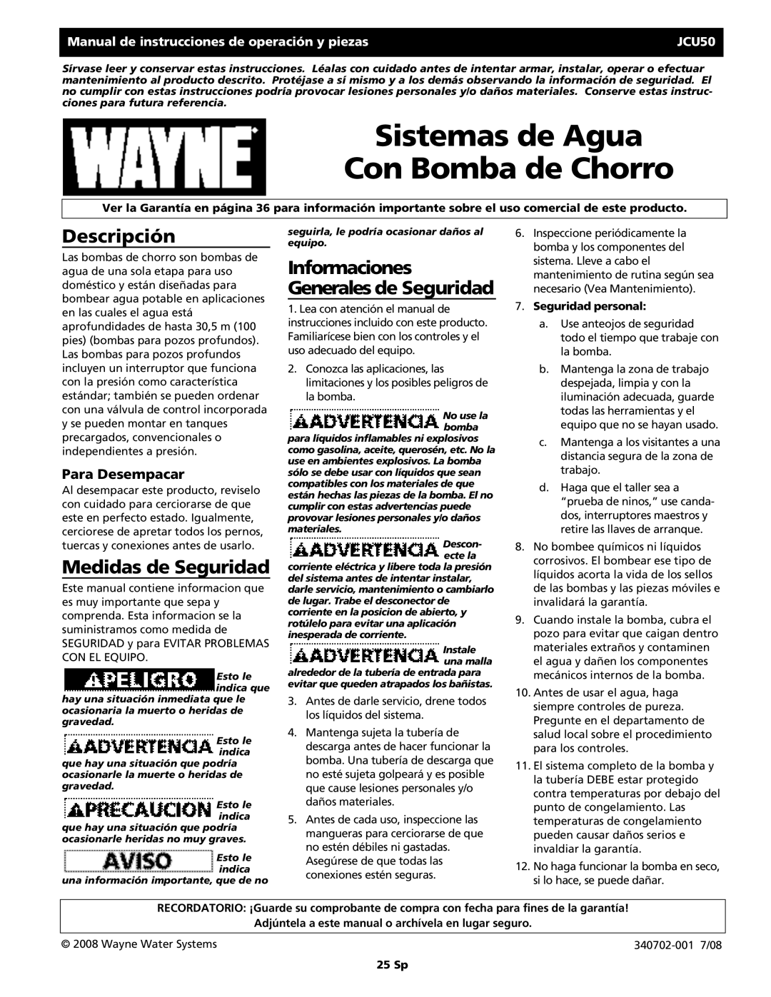 Wayne JCU50 instruction manual Descripción, Medidas de Seguridad, Para Desempacar 