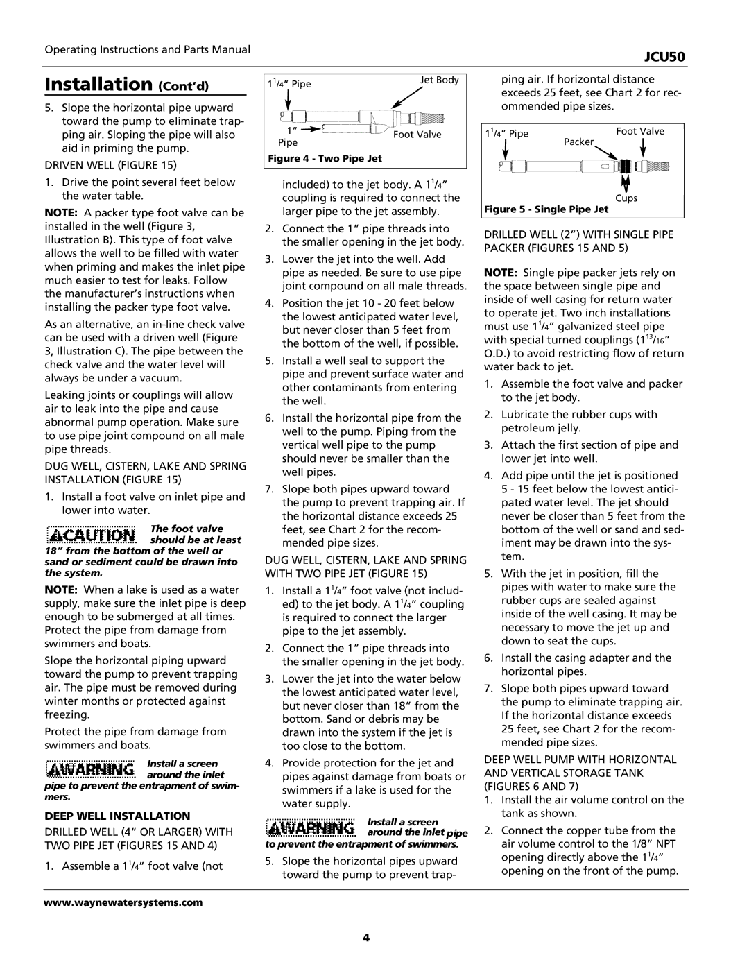 Wayne JCU50 instruction manual Installation Cont’d, Deep Well Installation 