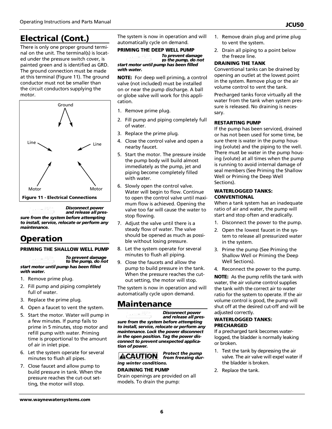 Wayne JCU50 instruction manual Operation, Maintenance 