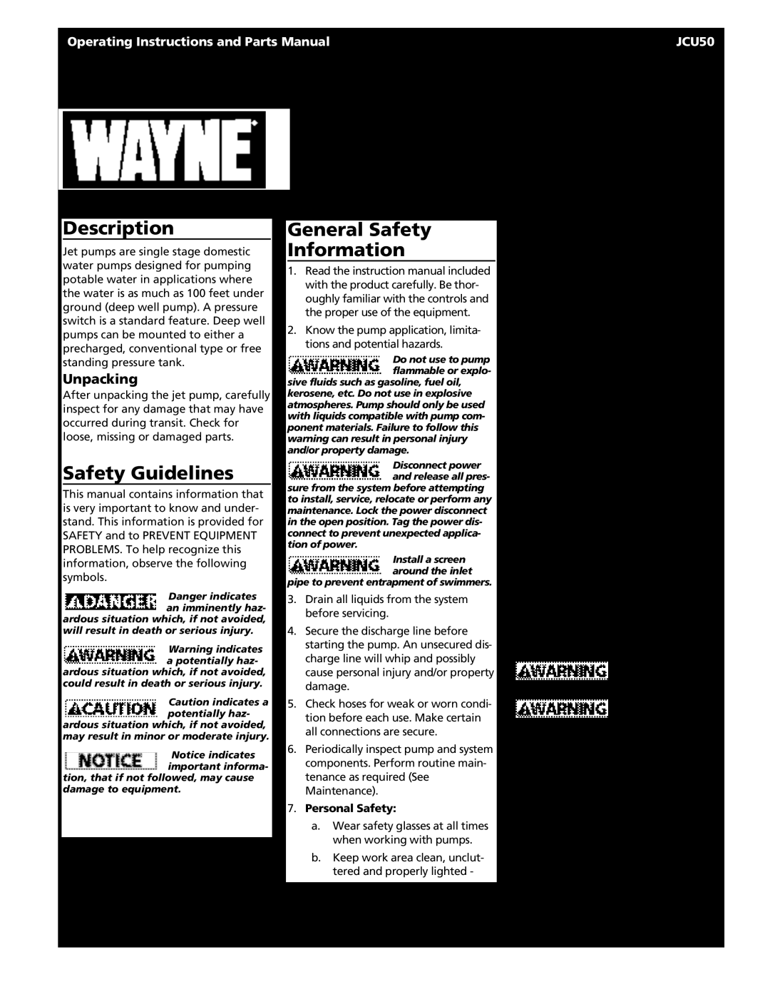 Wayne JCU50 instruction manual Jet Pump Water Systems, Description, Safety Guidelines, General Safety Information 