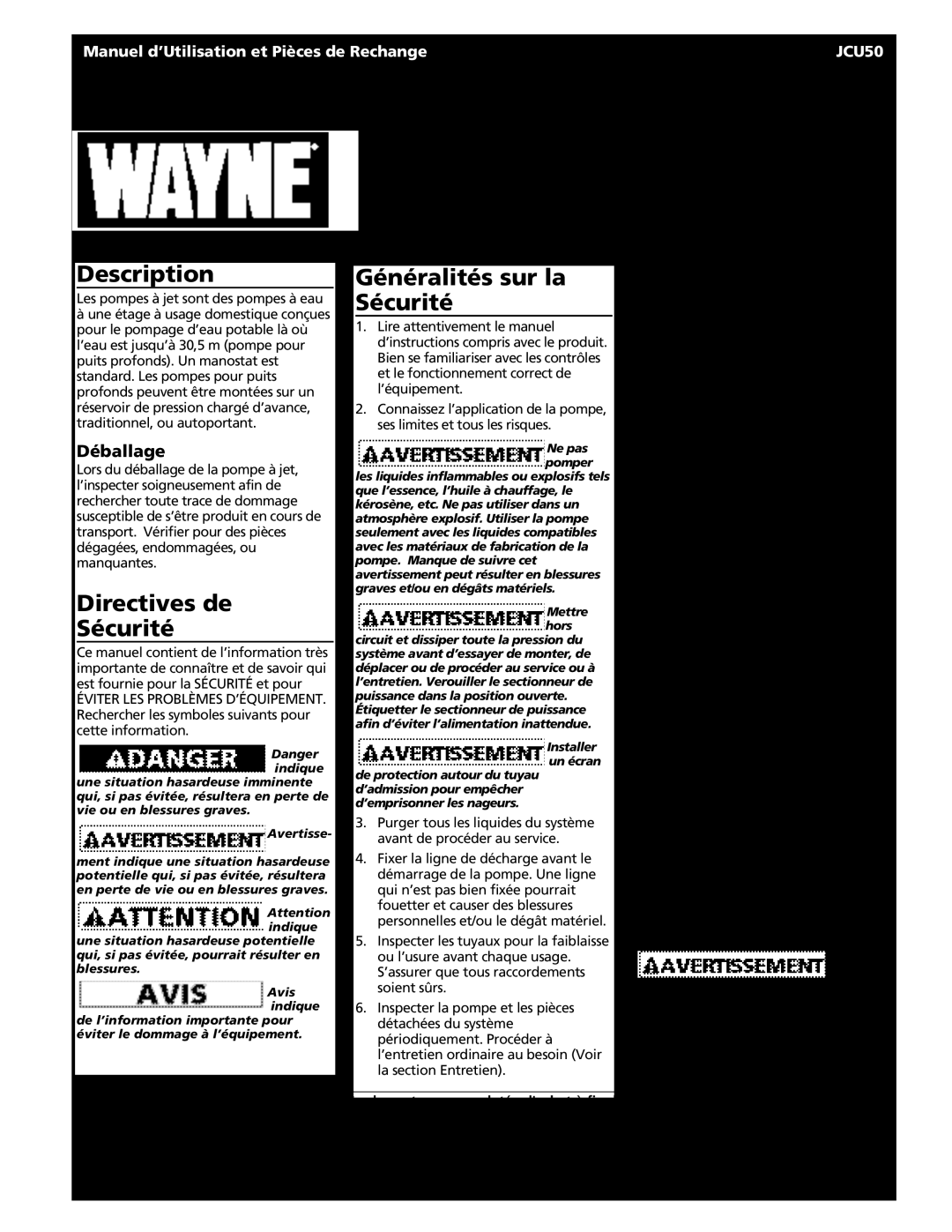 Wayne JCU50 Systèmes D’Eau De Pompe À Jet, Directives de Sécurité, Généralités sur la Sécurité, Déballage, Description 