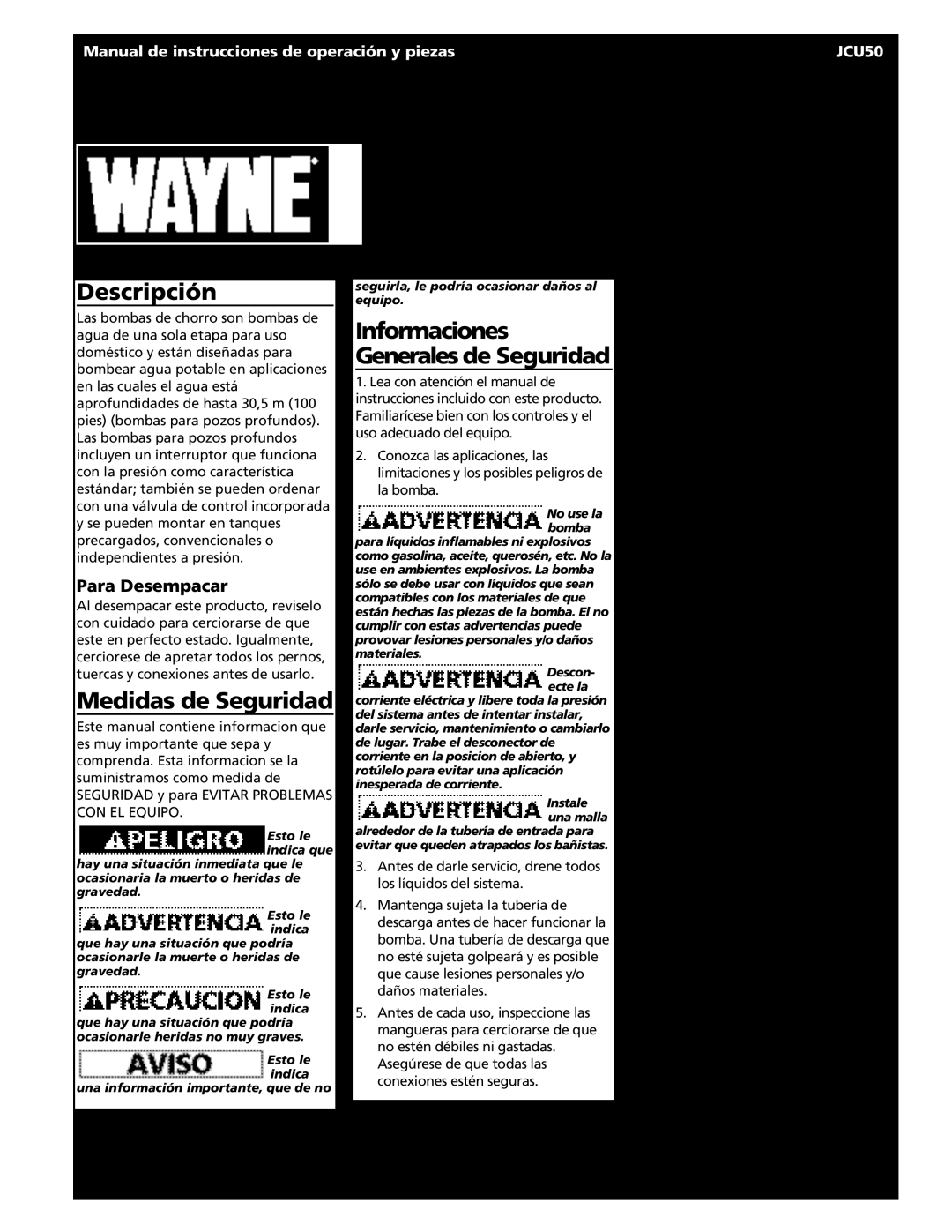 Wayne JCU50 instruction manual Sistemas de Agua Con Bomba de Chorro, Descripción, Medidas de Seguridad, Para Desempacar 