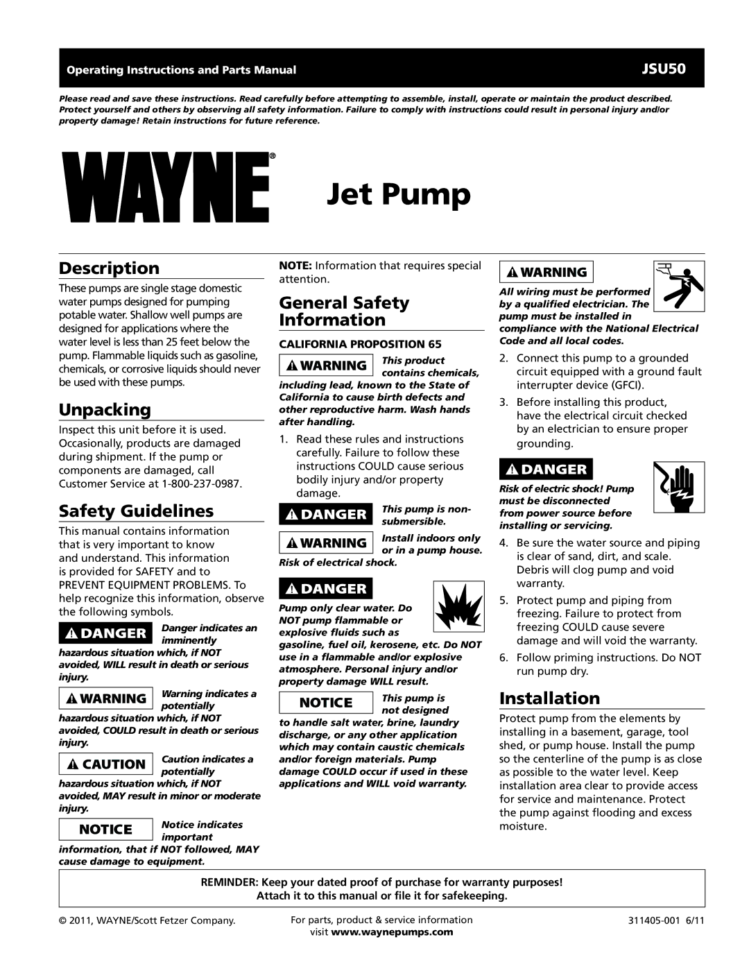 Wayne JSU50 operating instructions Description, Unpacking, Safety Guidelines, General Safety Information, Installation 