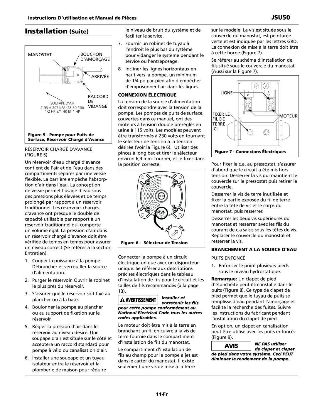 Wayne JSU50 operating instructions Connexion Électrique, Branchement a la source d’eau, 11-Fr 