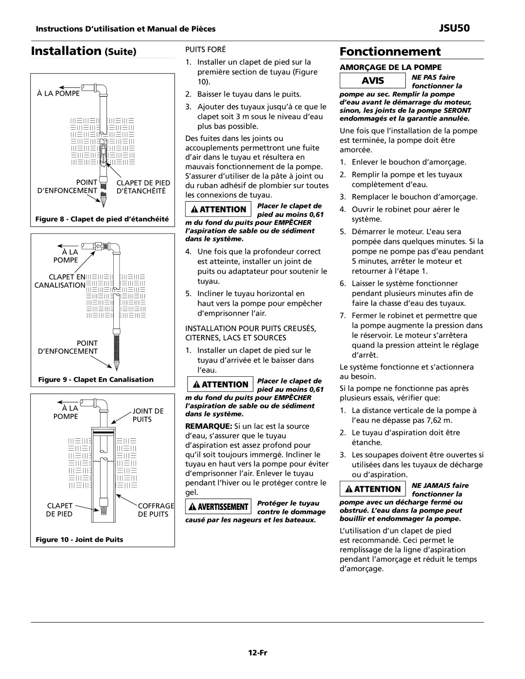 Wayne JSU50 operating instructions Fonctionnement, Amorçage de la pompe, 12-Fr 