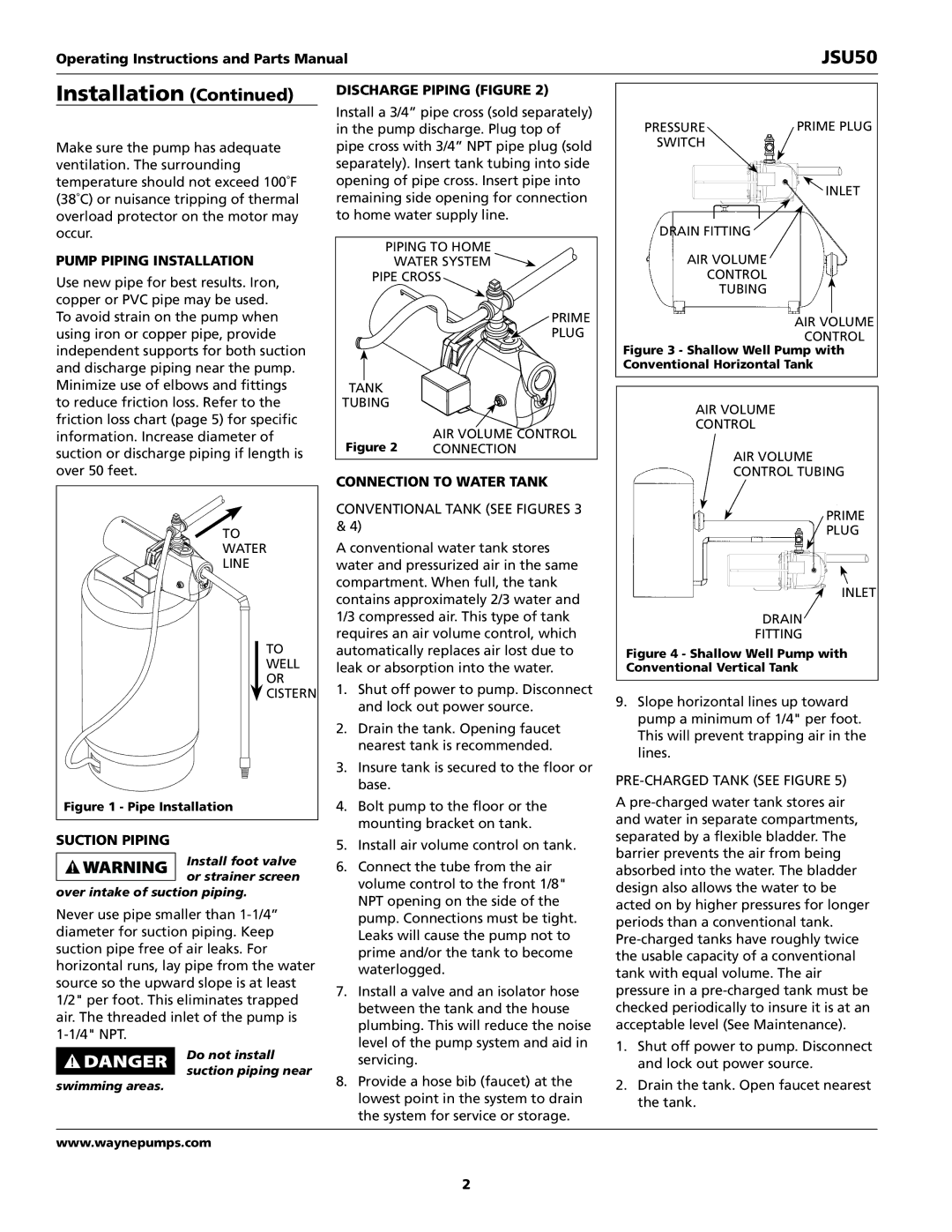 Wayne JSU50 Operating Instructions and Parts Manual, Pump piping installation, Suction piping, Discharge piping Figure 