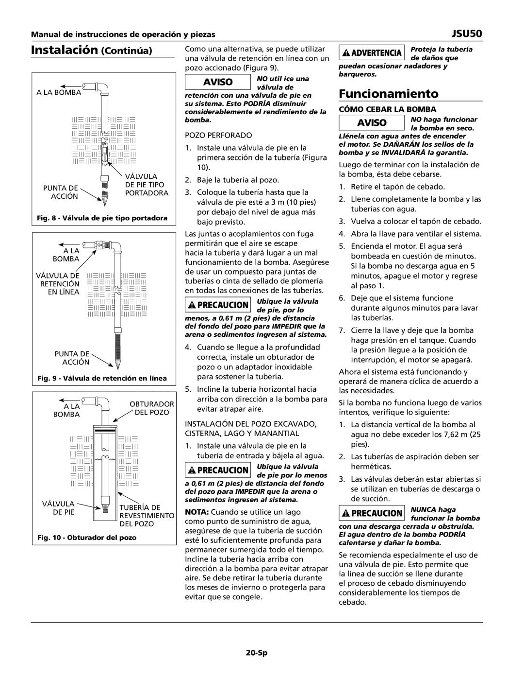 Wayne JSU50 operating instructions Funcionamiento, CÓmo cebar la bomba, 20-Sp 