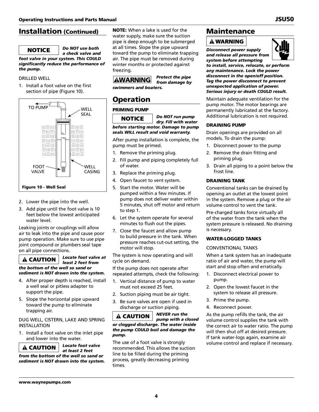 Wayne JSU50 operating instructions Operation, Maintenance 