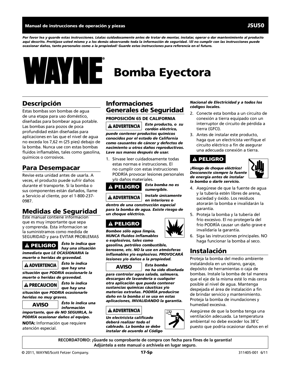 Wayne JSU50 Bomba Eyectora, Descripción, Para Desempacar, Medidas de Seguridad, Informaciones Generales de Seguridad 