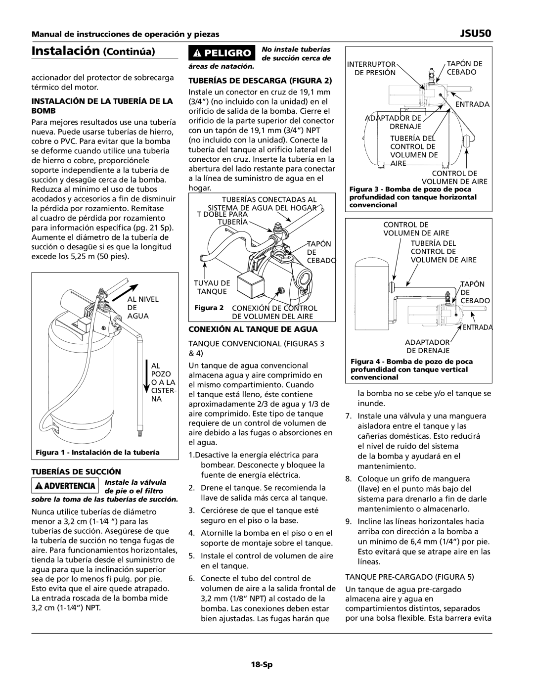 Wayne JSU50 Instalación Continúa, Manual de instrucciones de operación y piezas, tuberÍas de descarga Figura, bomb, 18-Sp 
