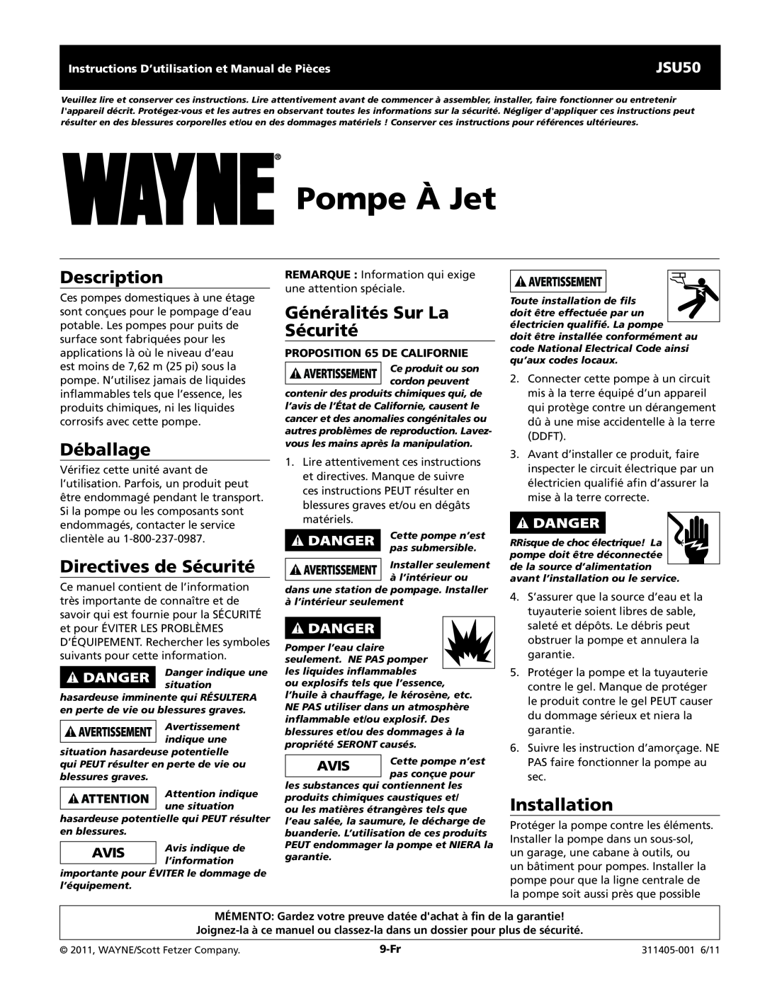 Wayne JSU50 Pompe À Jet, Déballage, Directives de Sécurité, Généralités Sur La Sécurité, PRoposition 65 DE CALIFORNIE 