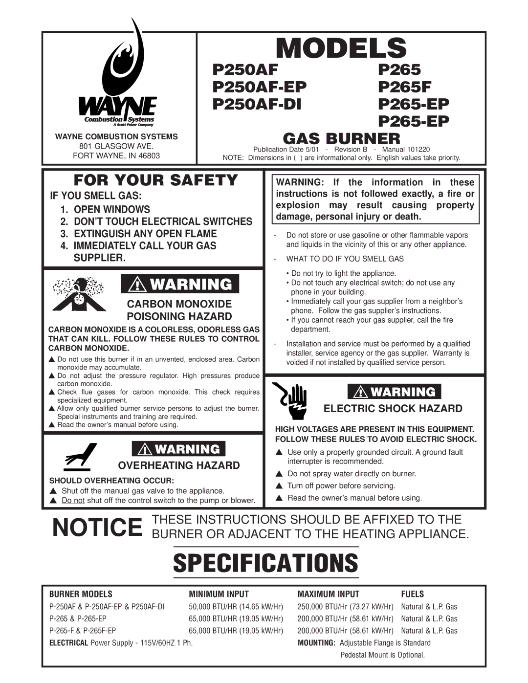 Wayne P250AF-DI, P265, P250AF-EP specifications Burner Models Minimum Input Maximum Input Fuels, Wayne Combustion Systems 