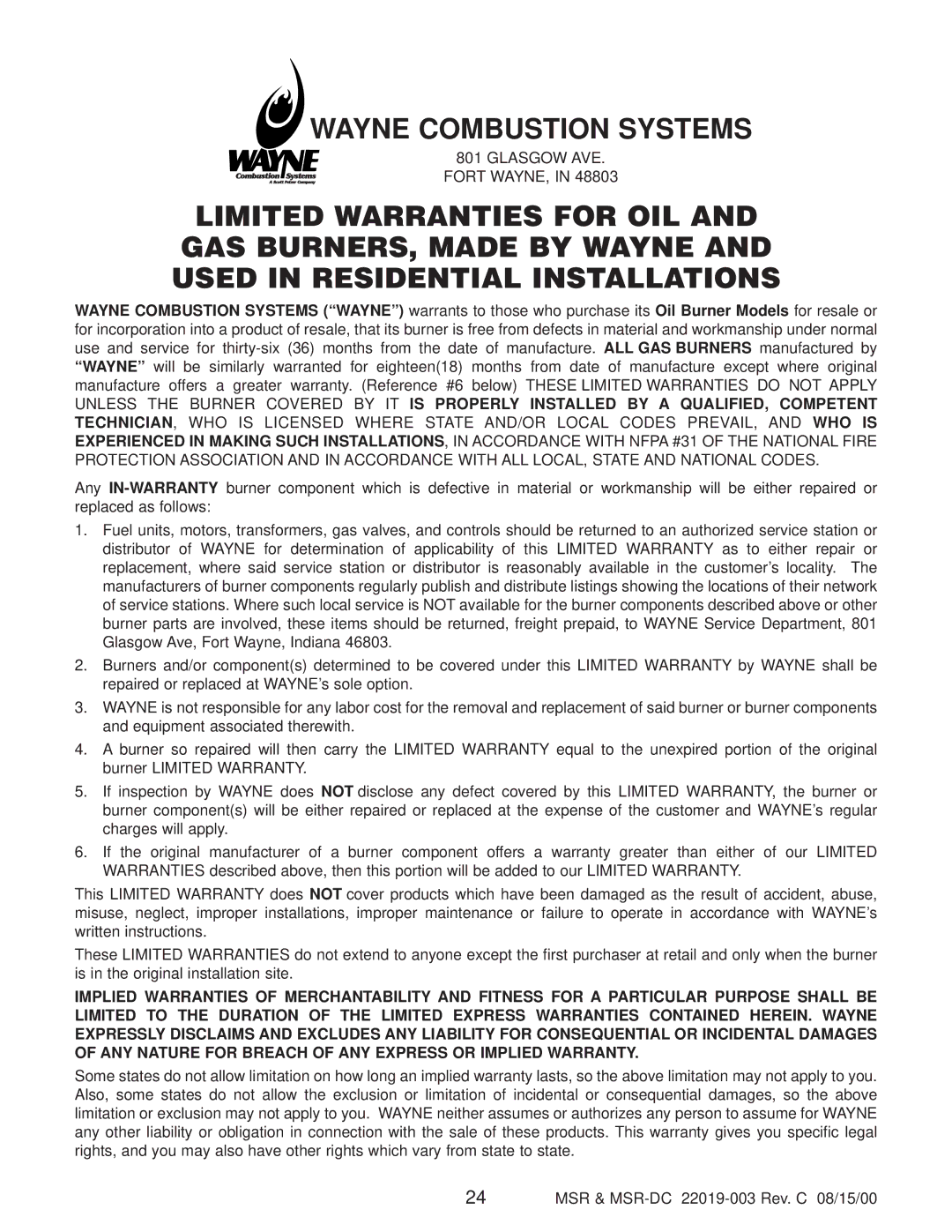 Wayne P250AF-DI, P250AF-EP, P265-EP, P265F specifications Wayne Combustion Systems 