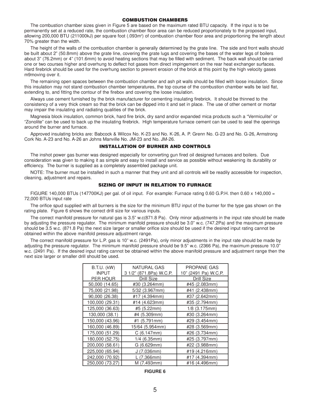 Wayne P265 Combustion Chambers, Installation of Burner and Controls, Sizing of Input in Relation to Furnace, PER Hour 