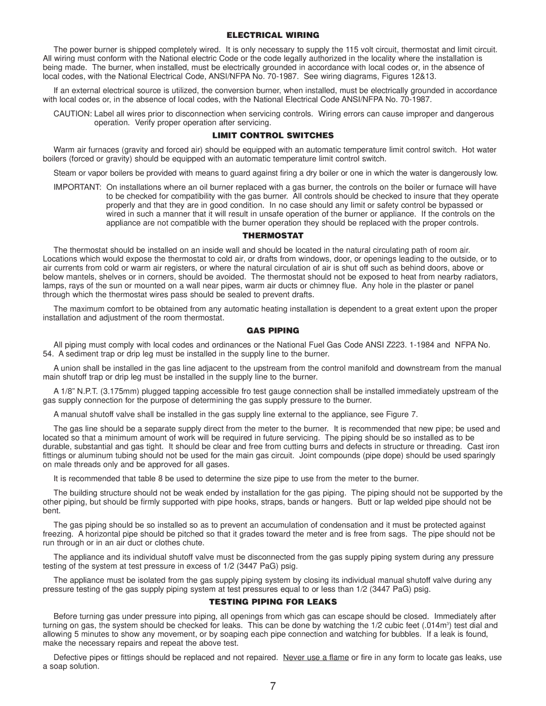 Wayne P250AF-EP, P265-EP Electrical Wiring, Limit Control Switches, Thermostat, GAS Piping, Testing Piping for Leaks 