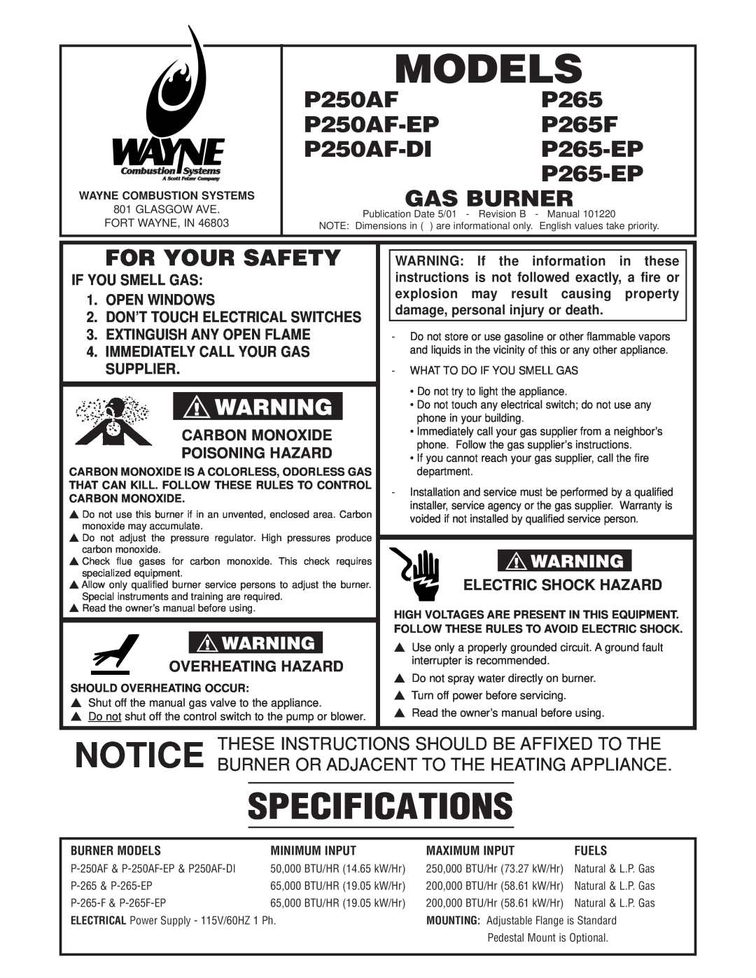 Wayne specifications P250AFP265 P250AF-EPP265F, P250AF-DI P265-EP P265-EP GAS BURNER, For Your Safety, Models 