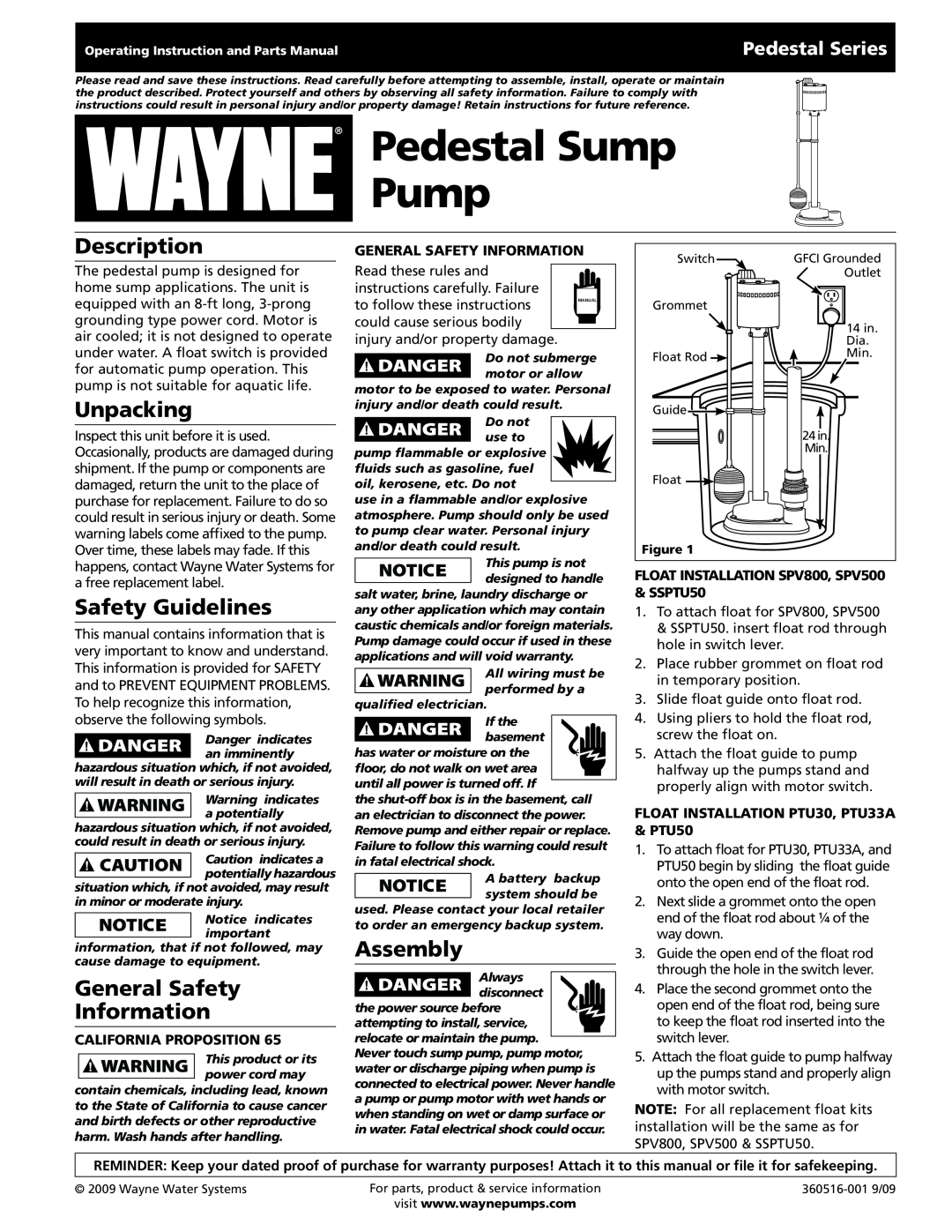 Wayne SSPTU50 warranty Description, Unpacking, Safety Guidelines, General Safety Information, Assembly, Pedestal Series 