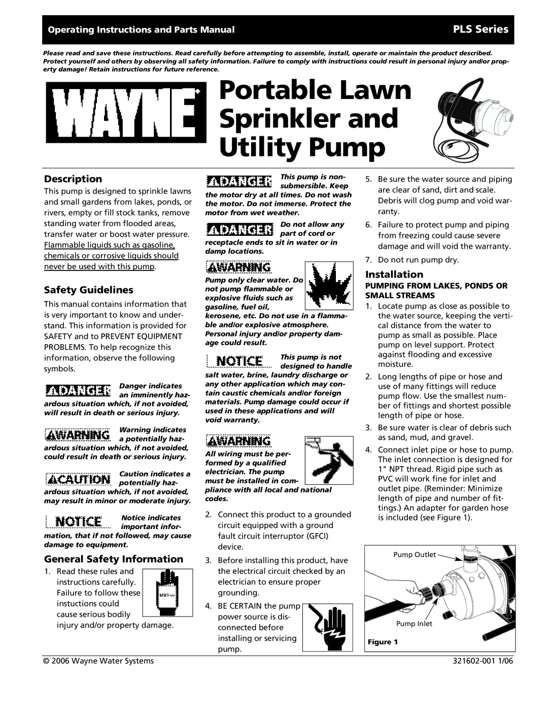 Wayne 321602-001 warranty PLS Series, Description, Safety Guidelines, General Safety Information, Installation 