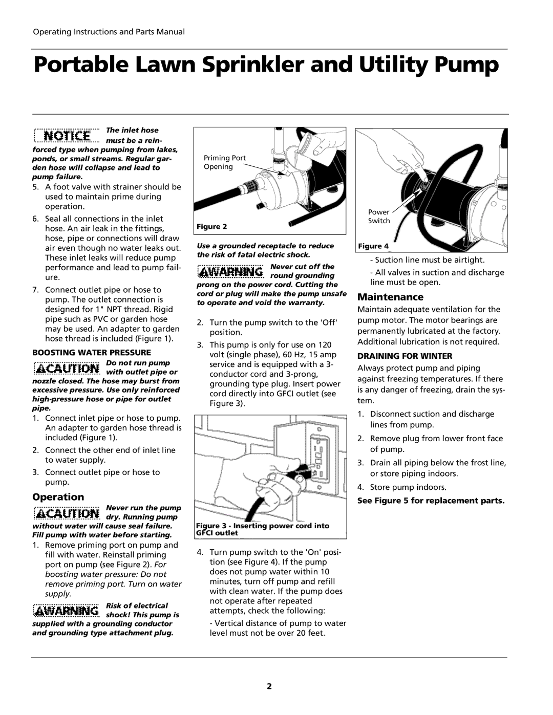 Wayne PLS Series, 321602-001 Portable Lawn Sprinkler and Utility Pump, Operation, Maintenance, Boosting Water Pressure 