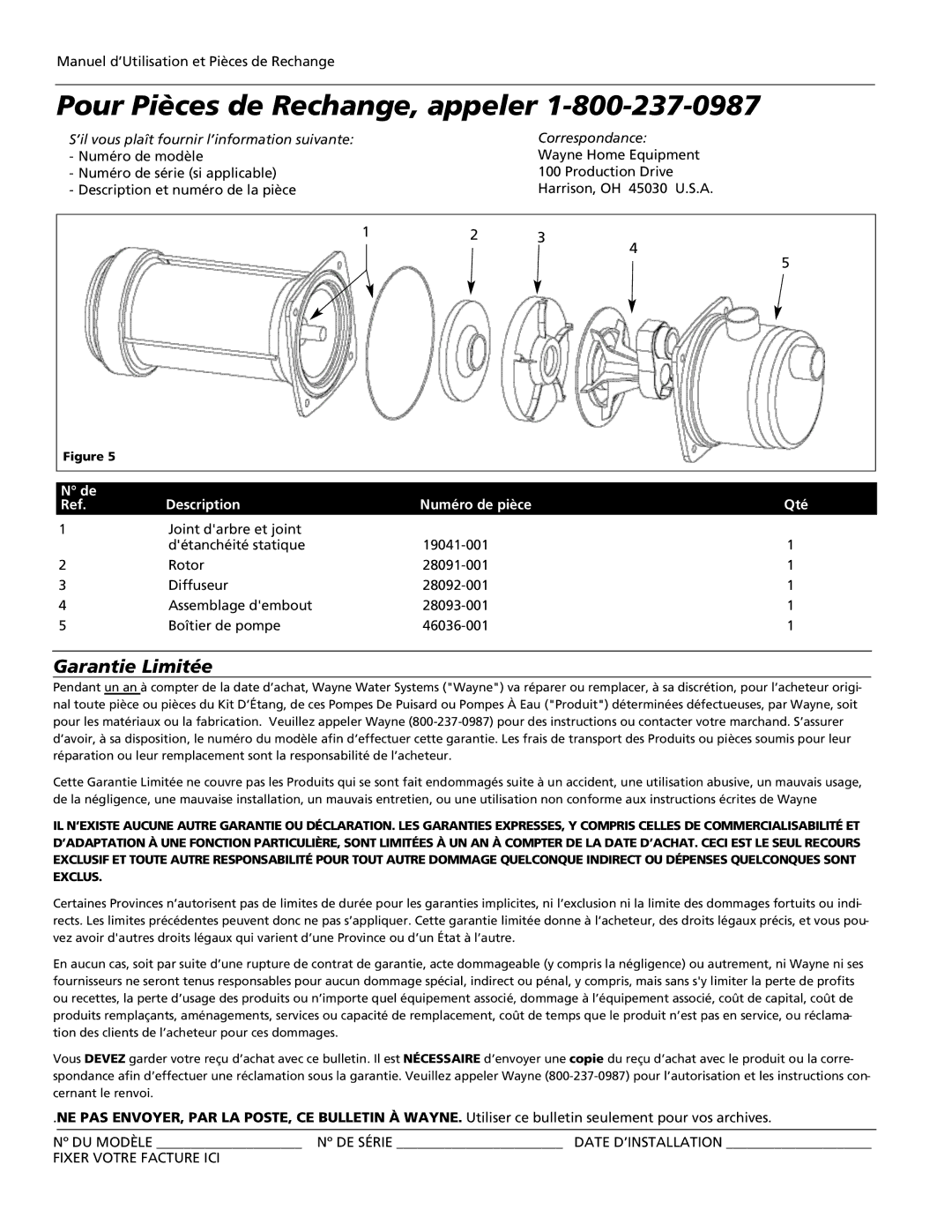 Wayne PLS Series, 321602-001 warranty Pour Pièces de Rechange, appeler, Garantie Limitée, Description Numéro de pièce Qté 