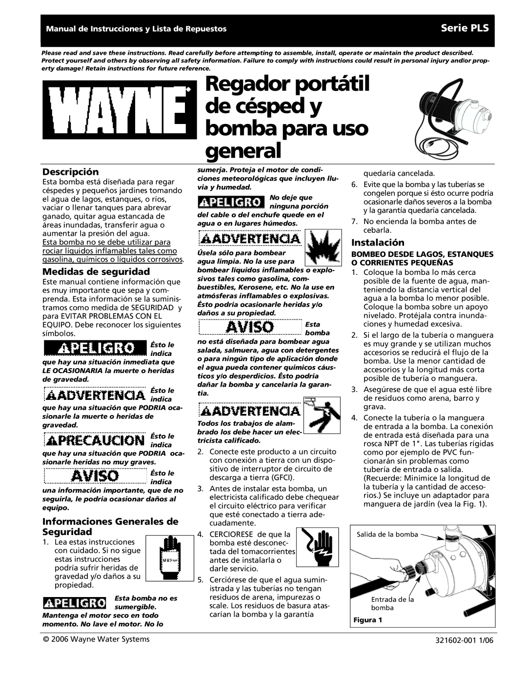 Wayne 321602-001, PLS Series warranty Regador portátil de césped y bomba para uso general, Serie PLS XXXXX, Xxxxx 