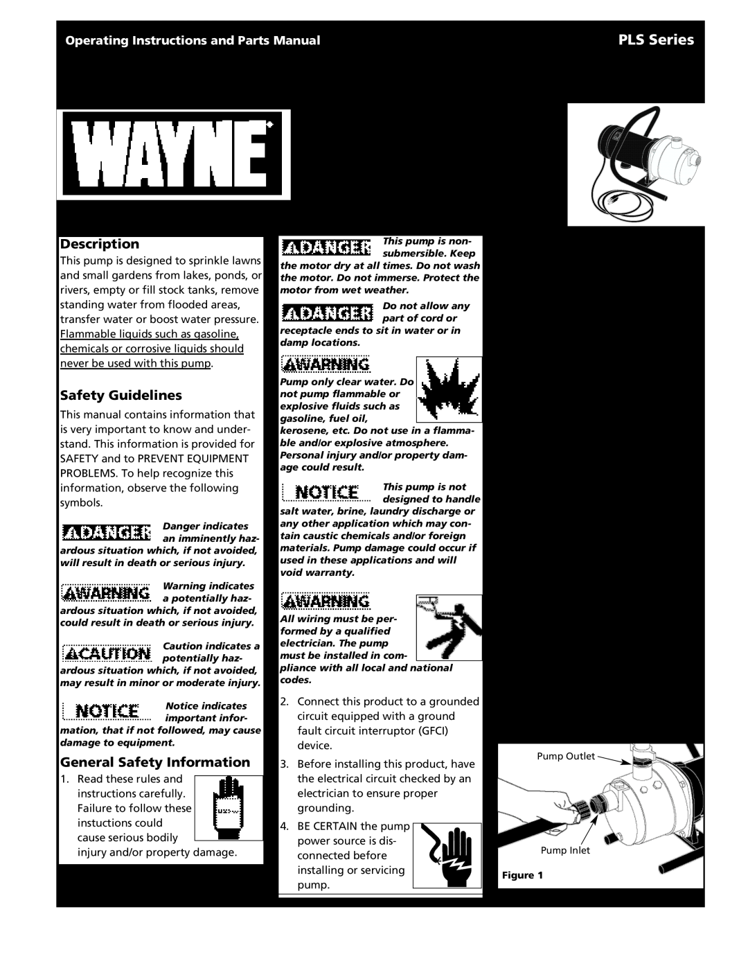 Wayne 321602-001 warranty PLS Series, Description, Safety Guidelines, General Safety Information, Installation 