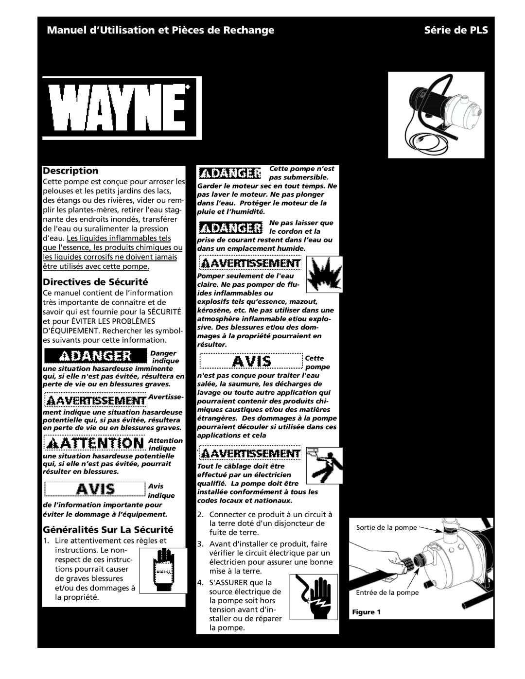 Wayne 321602-001, PLS Series Manuel d’Utilisation et Pièces de Rechange, Série de PLS, Directives de Sécurité, Description 