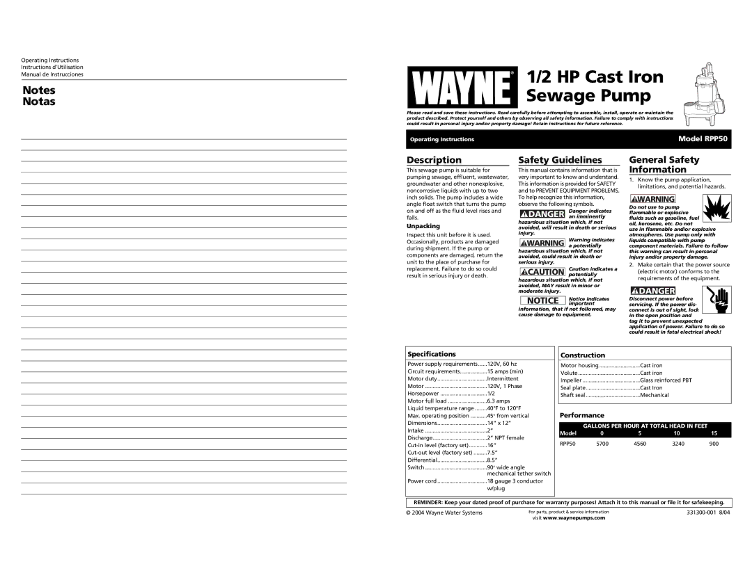 Wayne RPP50 specifications HP Cast Iron Sewage Pump, Description, Safety Guidelines, General Safety Information 